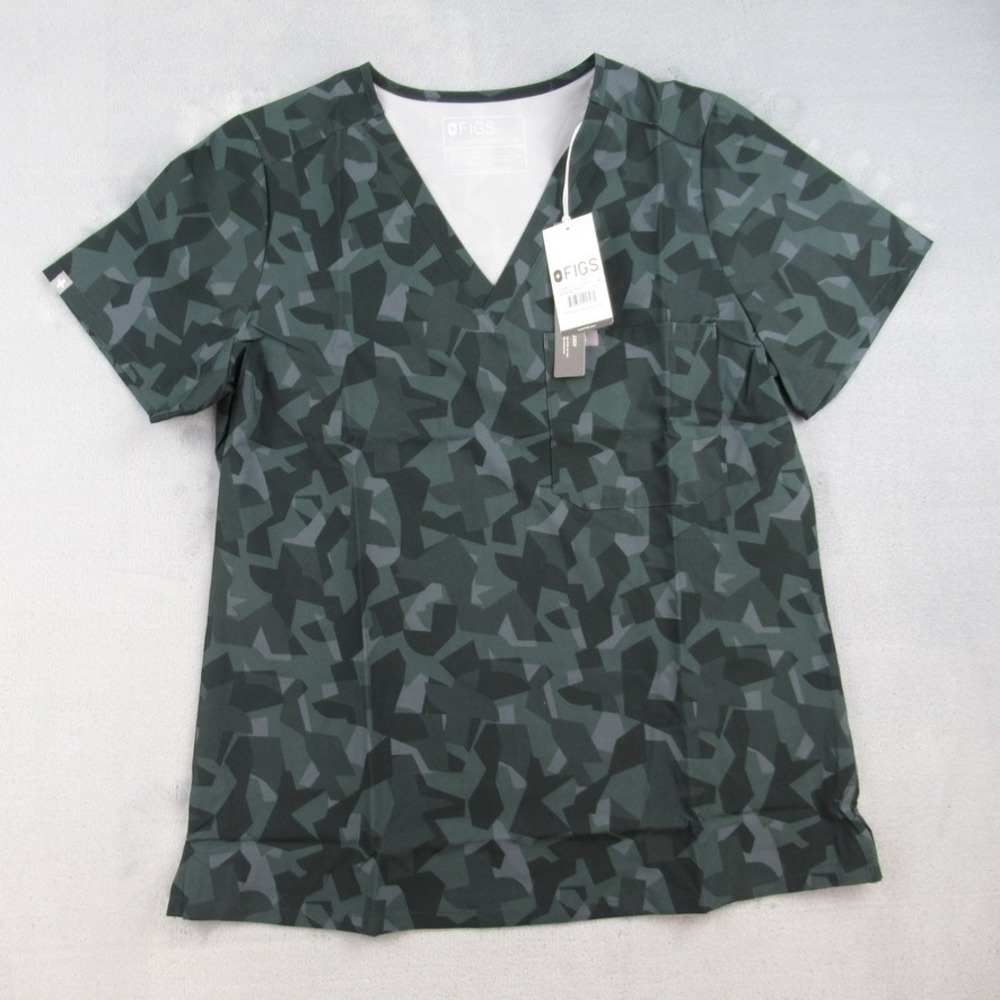 FIGS Women Catarina One-Pocket Scrub Top Green Camo Geometric Size M NWT